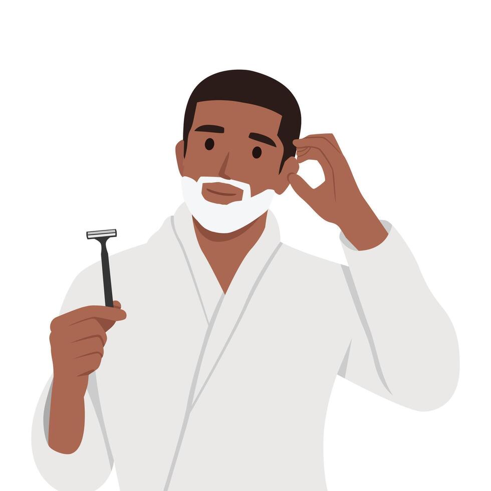 Young man shaving his beard over isolated background having doubts. vector