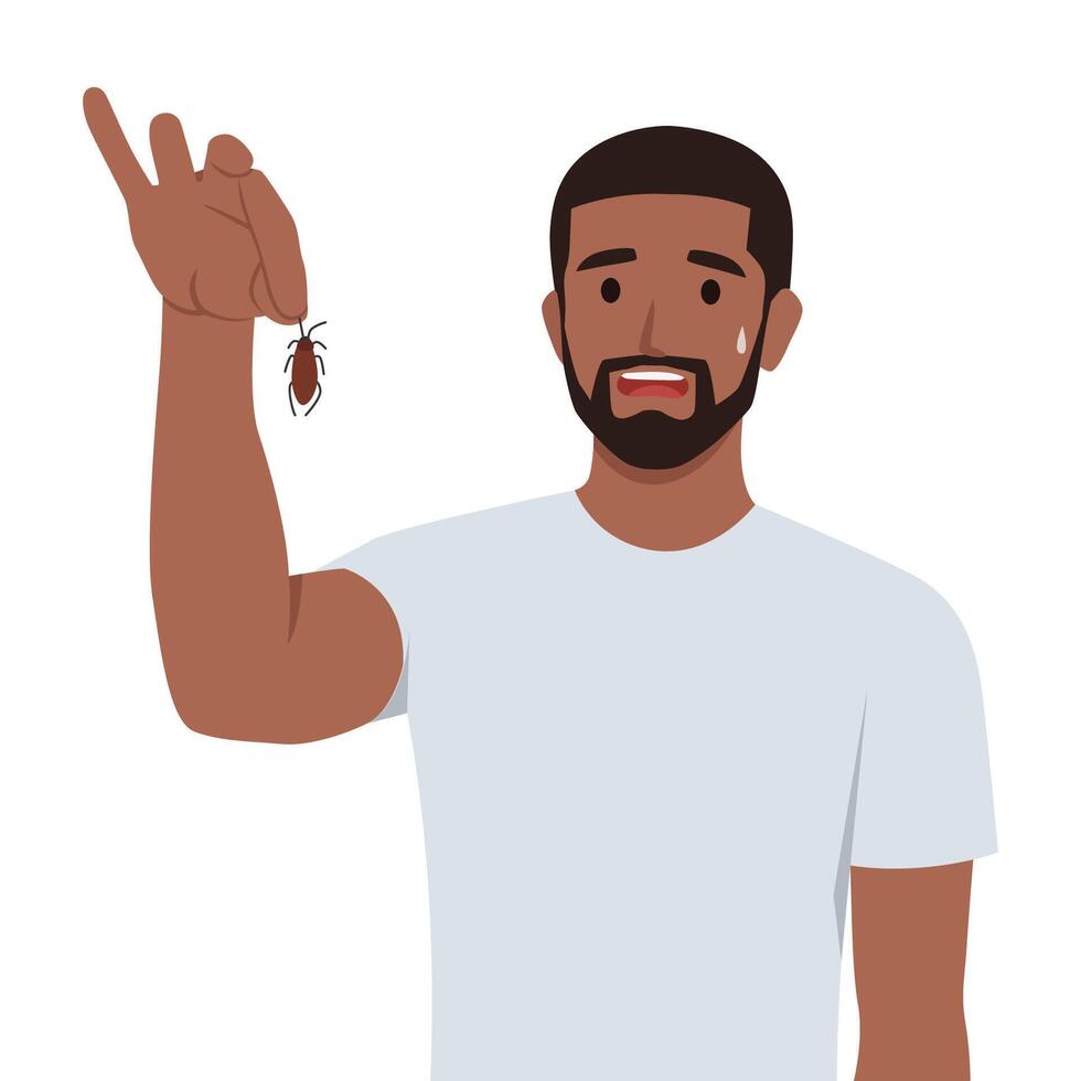Young bearded and expressive man holding an insect or cockroach with the fingers. vector