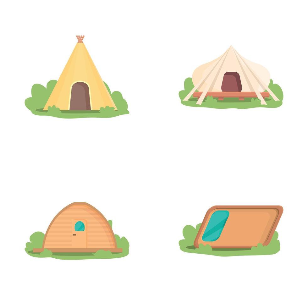 Glamping tent icons set cartoon . Various comfortable glamping tent vector
