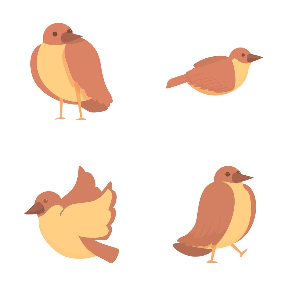 Sparrow icons set cartoon . Cute cheerful brown sparrow vector
