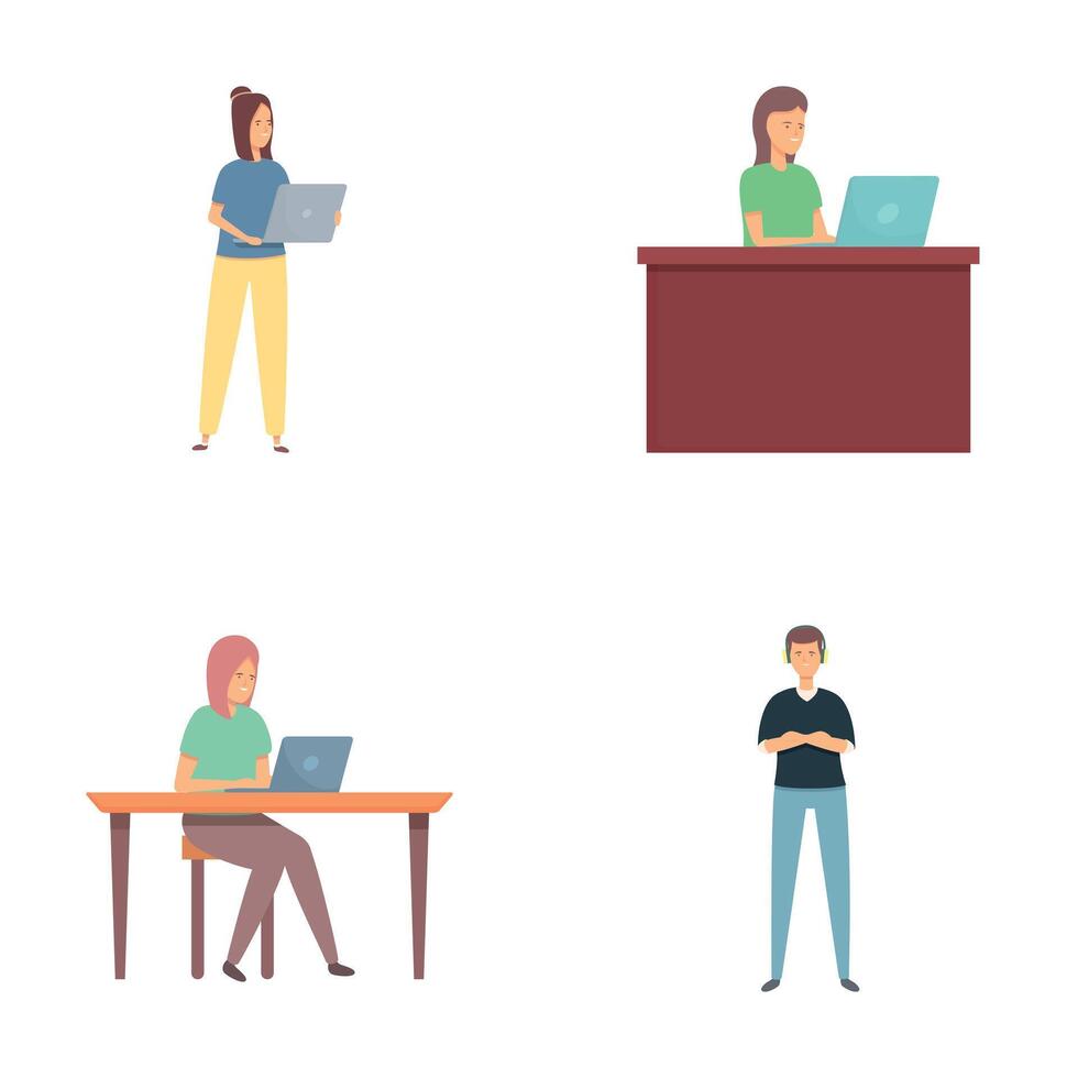 Remote work icons set cartoon . Yong people work in comfortable condition vector