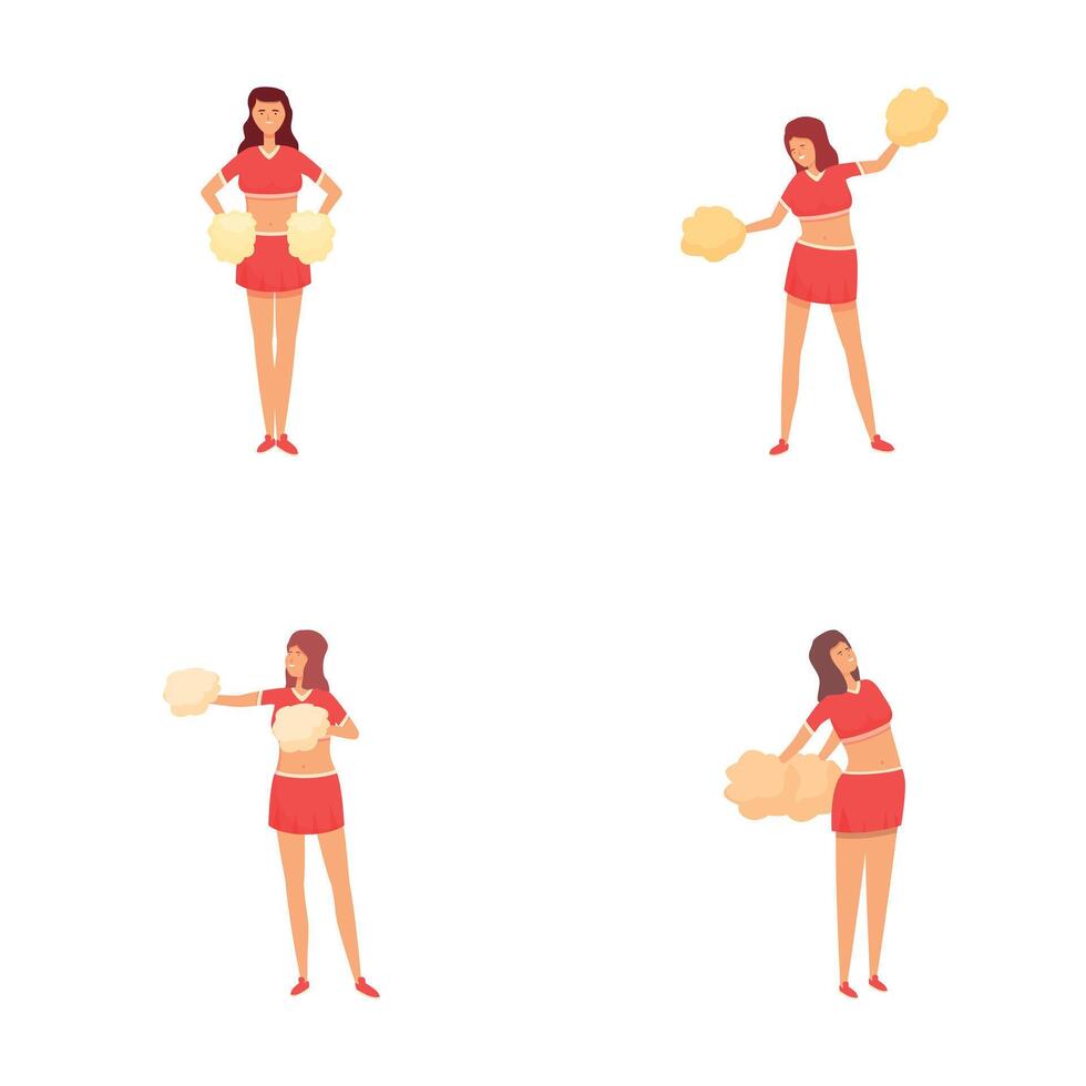 Cheerleader dancer icons set cartoon . Cheerleader girl with pompom vector