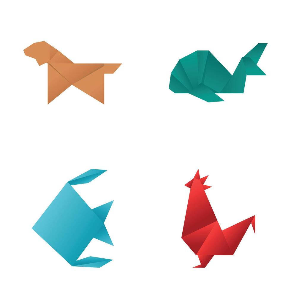 Japanese origami icons set cartoon . Origami folded paper animal figure vector