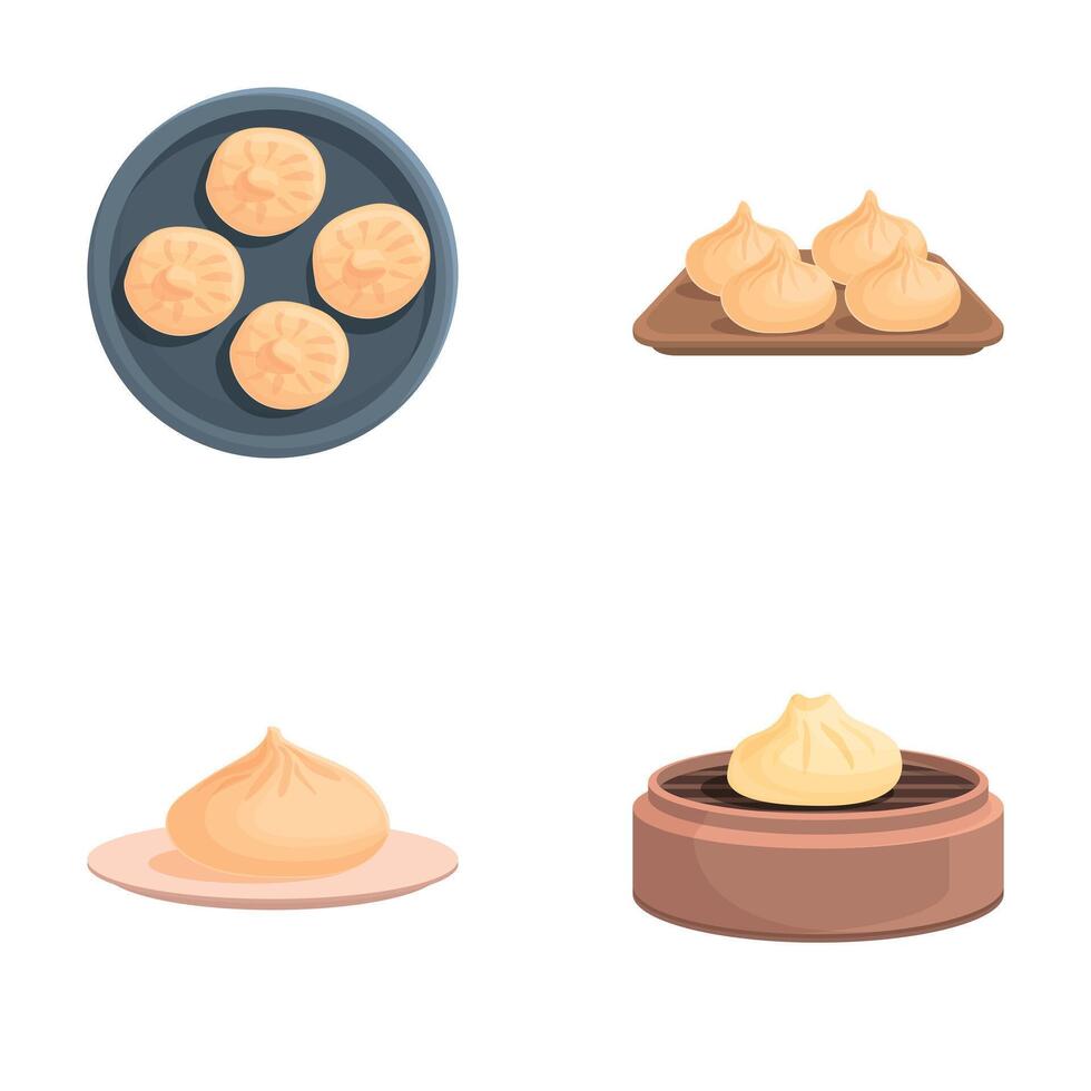 Baozi icons set cartoon . Baozi with bamboo steamer basket vector