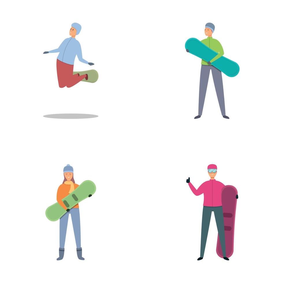 Snowboarding icons set cartoon . Snowboarder in training to learn ride vector