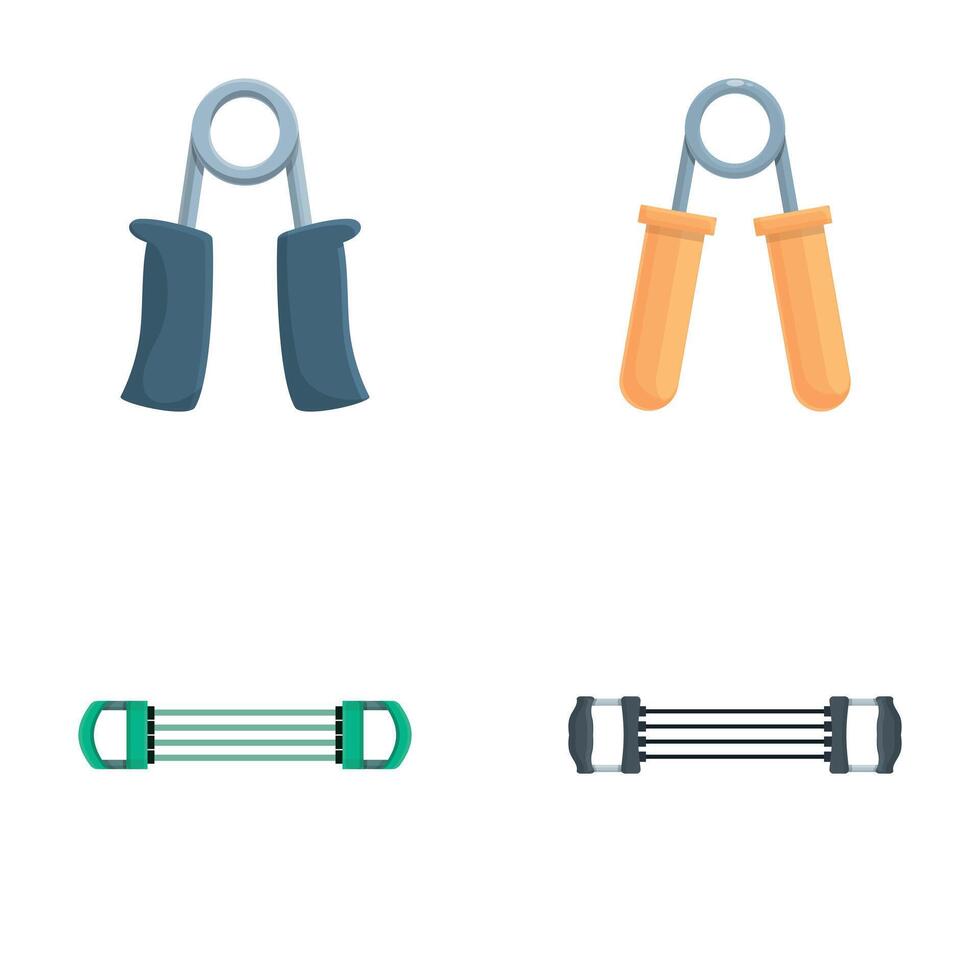 Espander icons set cartoon . Different type of metal expander vector