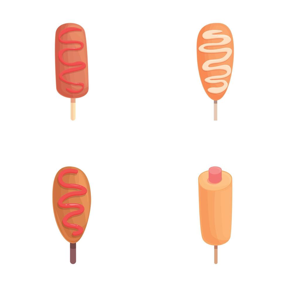 Corn dog icons set cartoon . Sausage in dough on stick vector