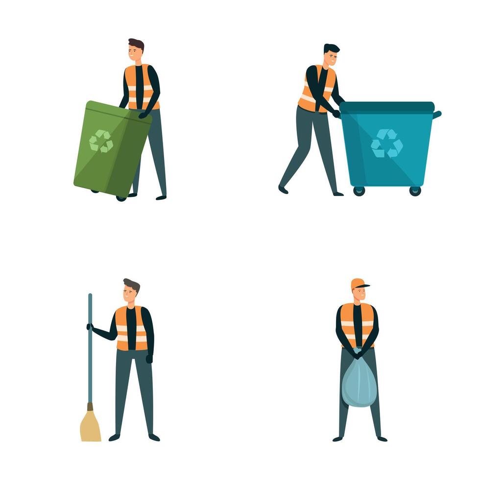 Garbage man icons set cartoon . Men street cleaner in uniform behind work vector