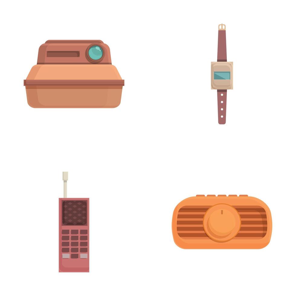 Set of retro technology icons, including a camera, watch, phone, and radio vector