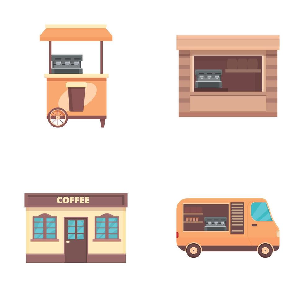 Set of various coffee selling points including a stand, cafe, and truck vector