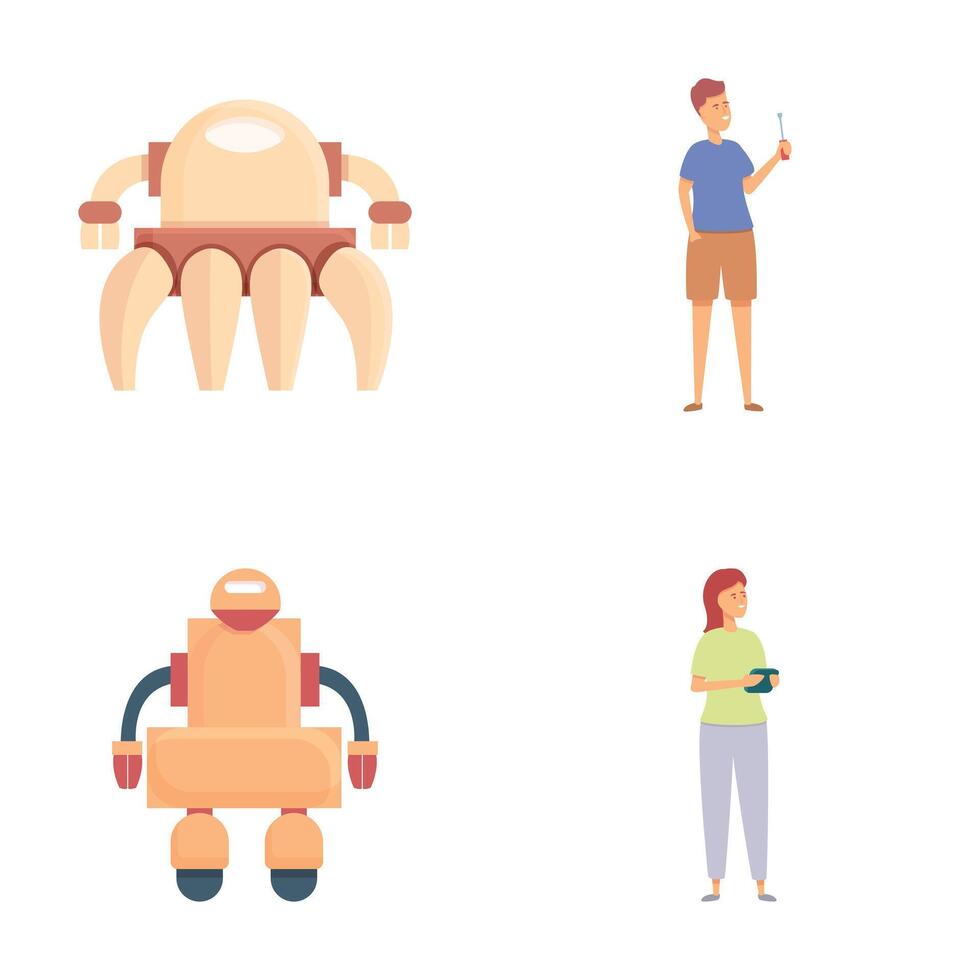Future technology, robots and humans interaction vector