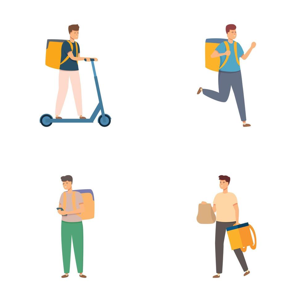 Four illustrations of delivery men with scooters, bags, and walking, isolated on a white background vector