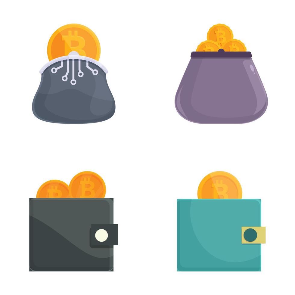 Collection of four cryptocurrency icons depicting bitcoin storage methods vector