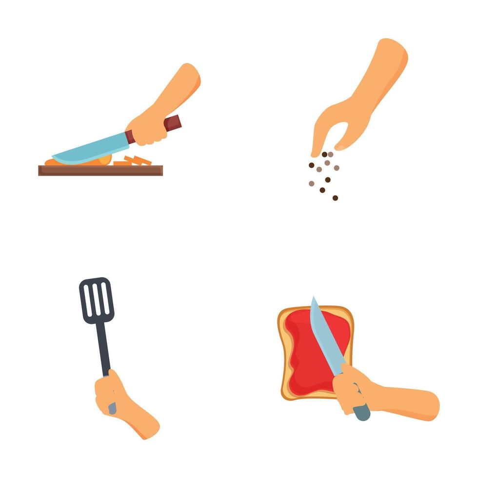 Collection of four illustrations of kitchen utensils and actions vector