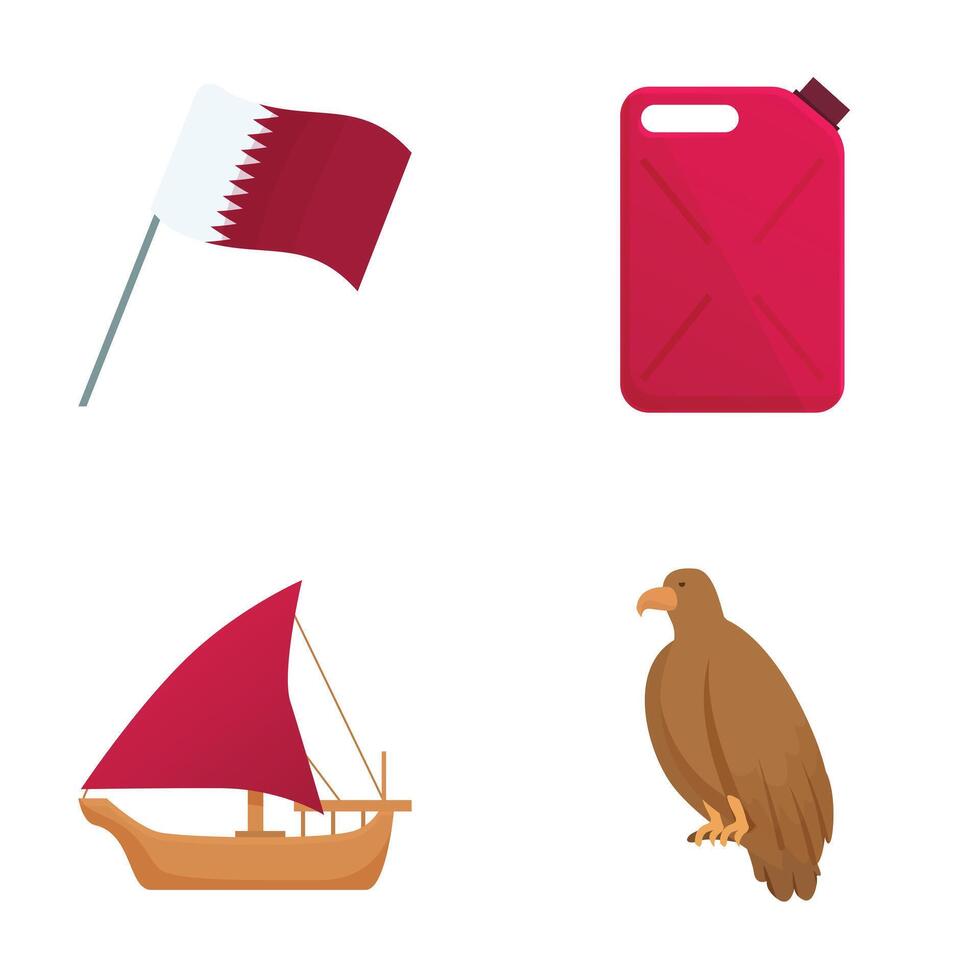 Set of qatar icons flag, fuel can, dhow, eagle vector