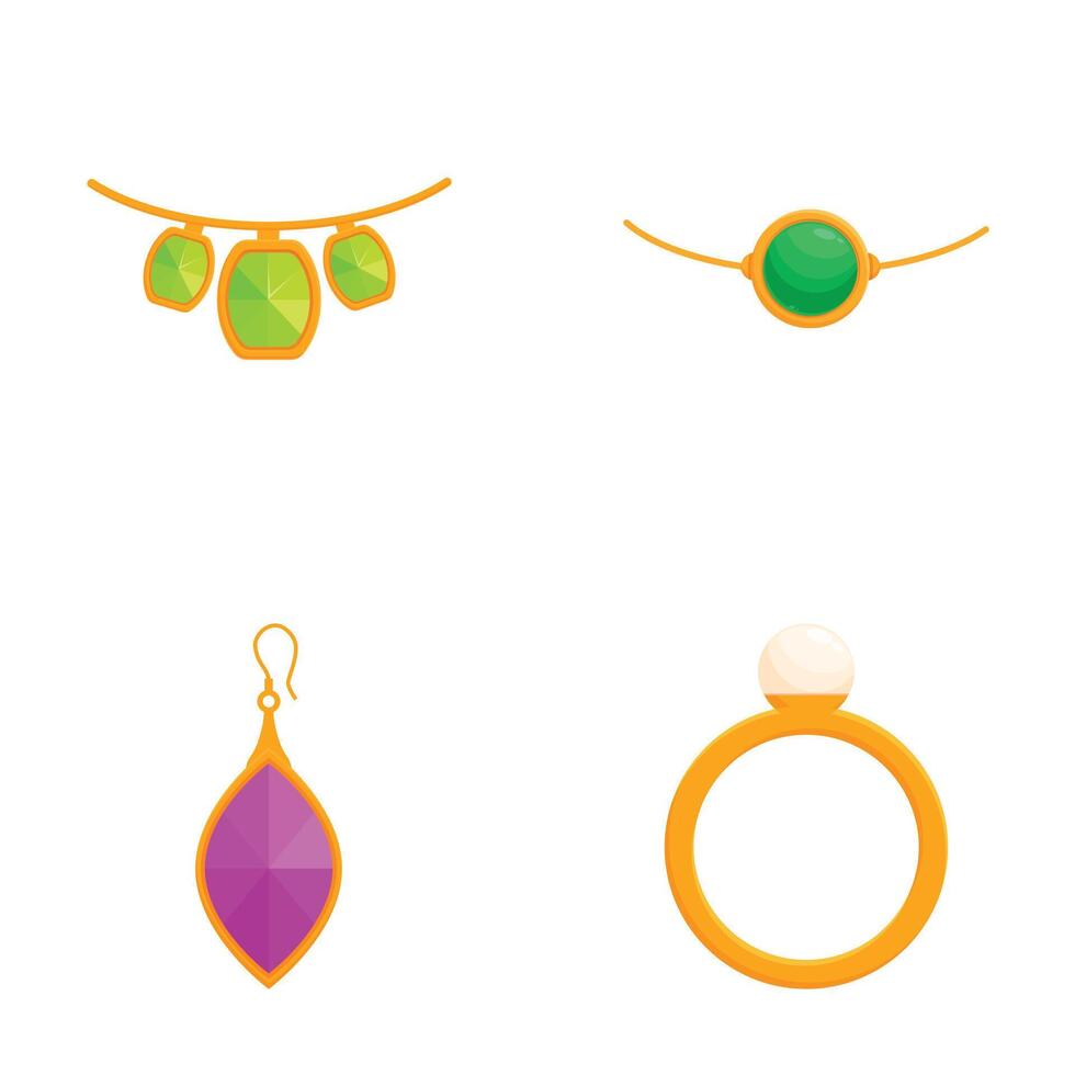Colorful collection of icons representing various types of jewelry, isolated on white vector