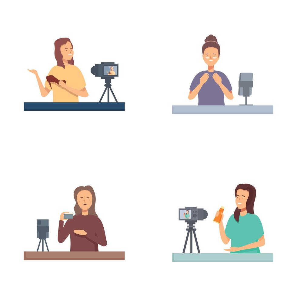 Set of four cartoon illustrations showing diverse people recording videos for vlogging vector
