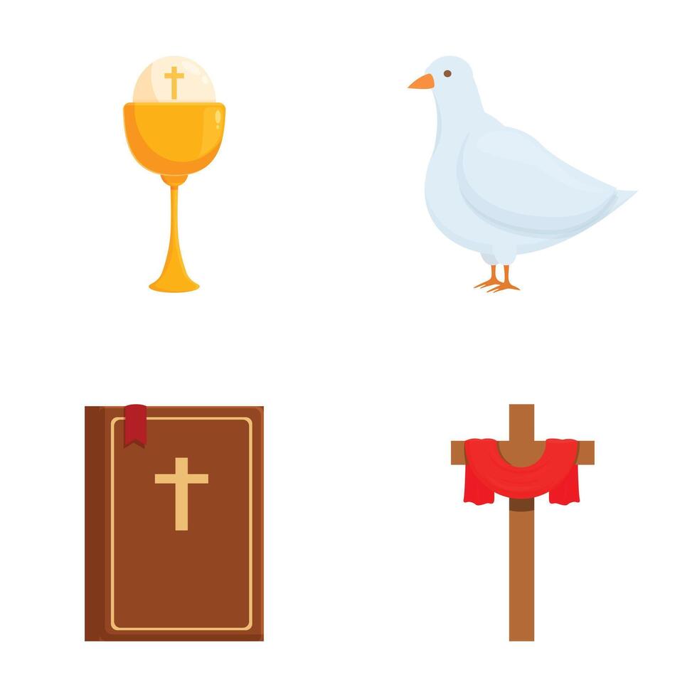 Christian symbols set chalice, dove, bible, cross vector