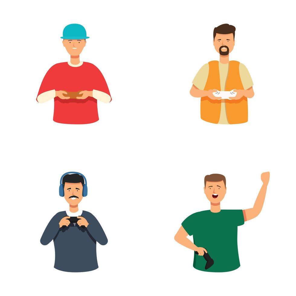Set of four cartoon characters engaged in gaming, each with unique expressions and styles vector
