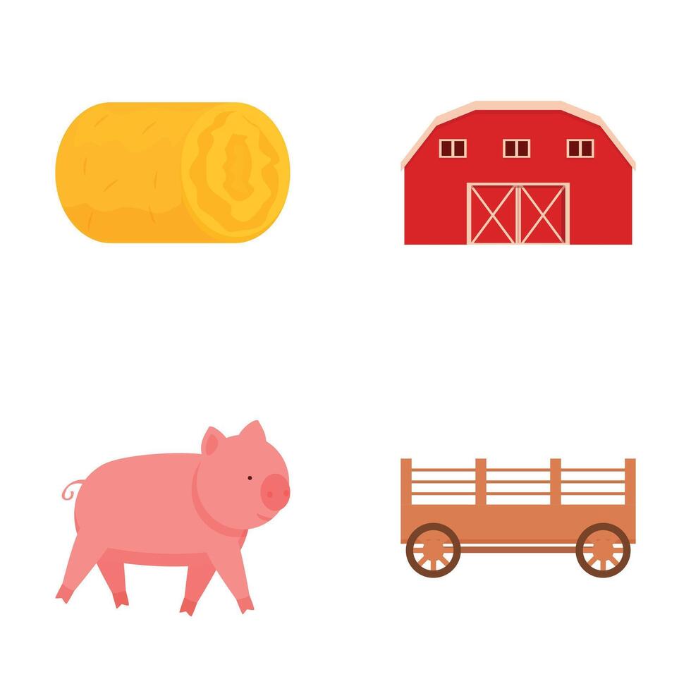 Collection of colorful, illustrations featuring a hay bale, barn, pig, and wagon vector