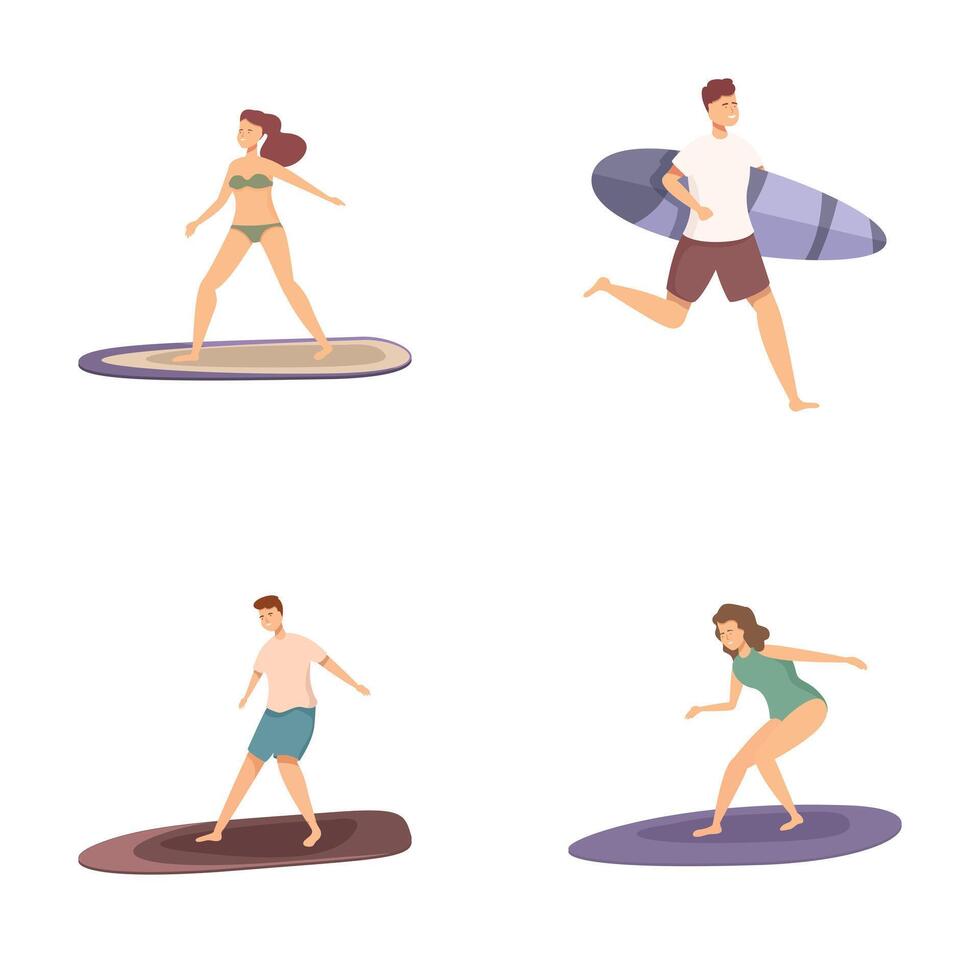 Collection of illustrations featuring diverse surfers in various surfing poses vector