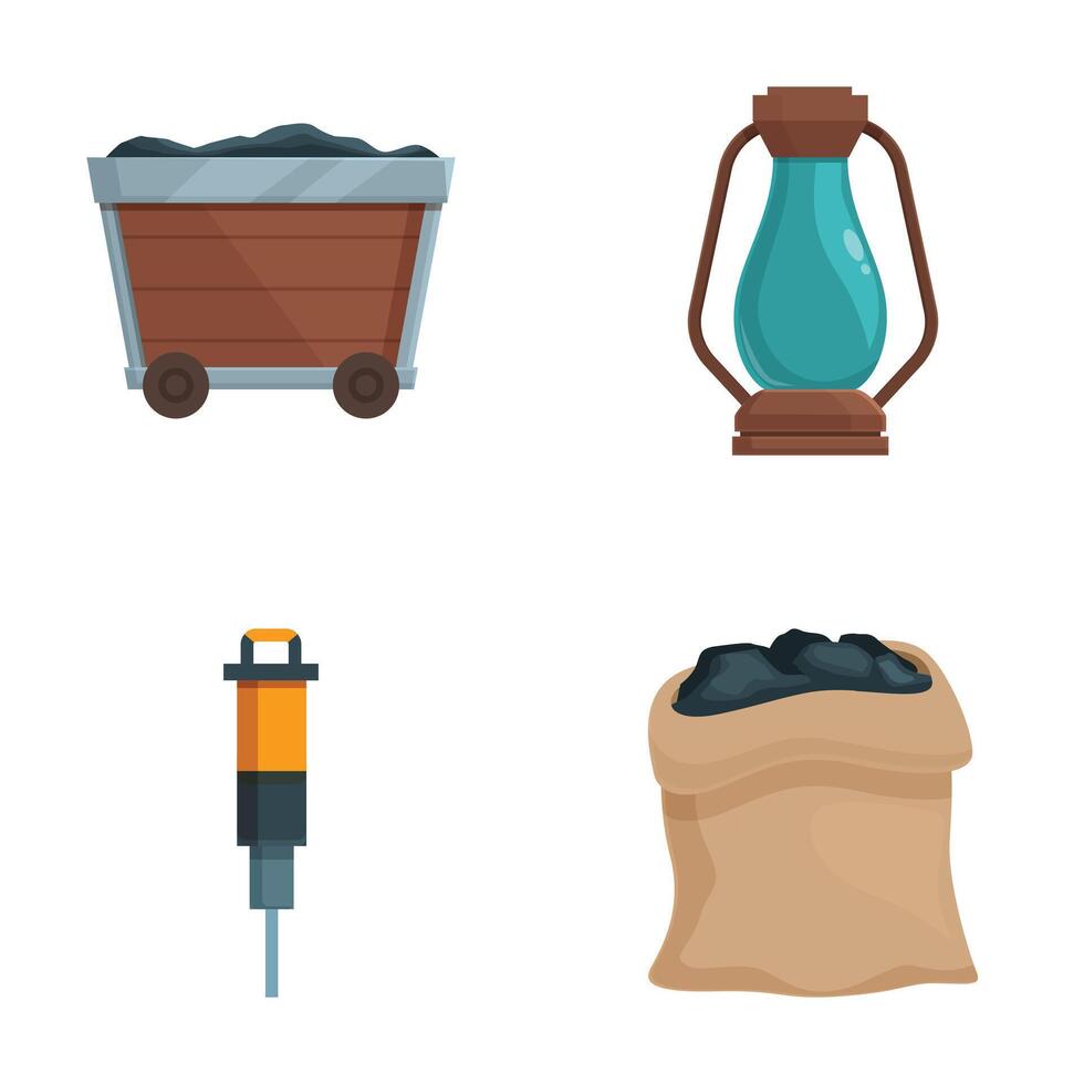 Mining icons set cart, lantern, pickaxe, and sack vector