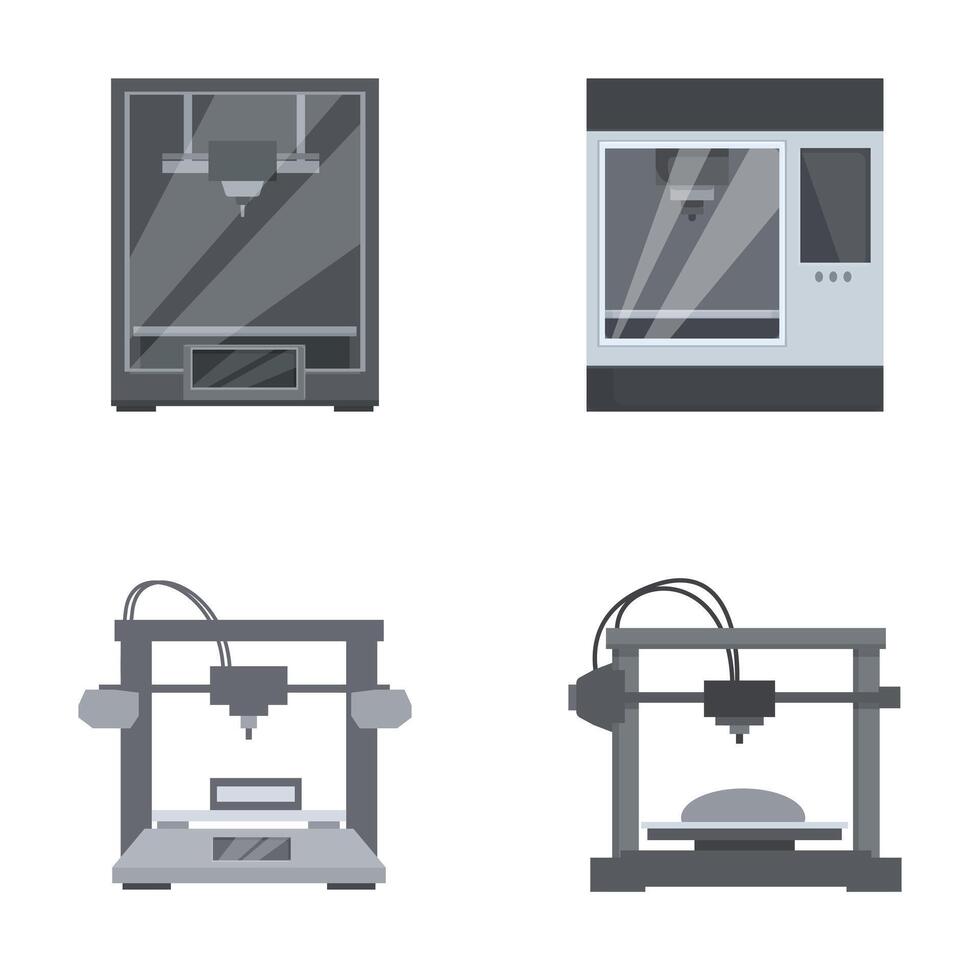 Set of modern 3d printers isolated on white vector