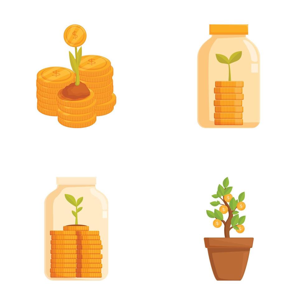 Set of four icons illustrating financial growth and investment via money plant metaphors vector