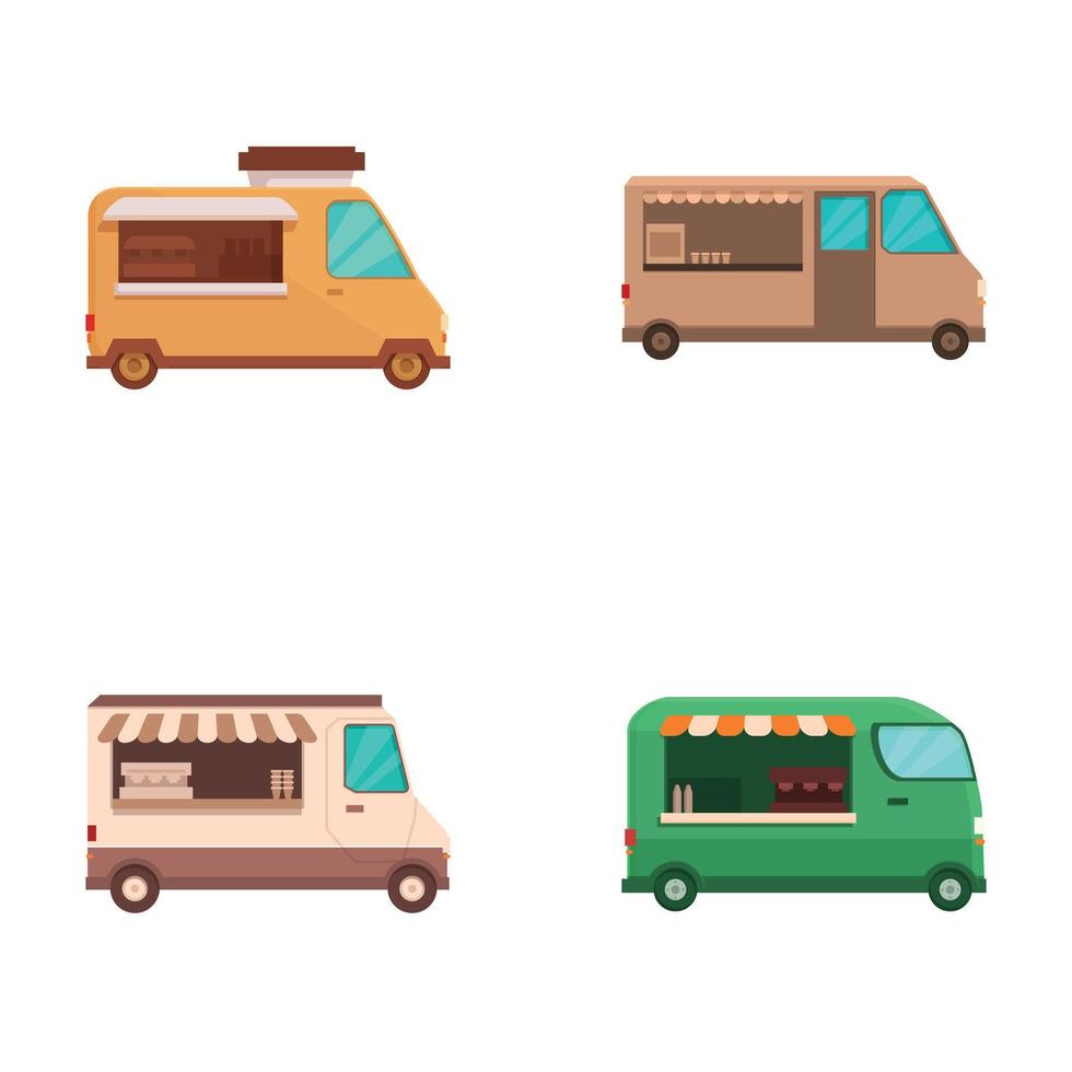 Colorful collection of cartoon food trucks vector
