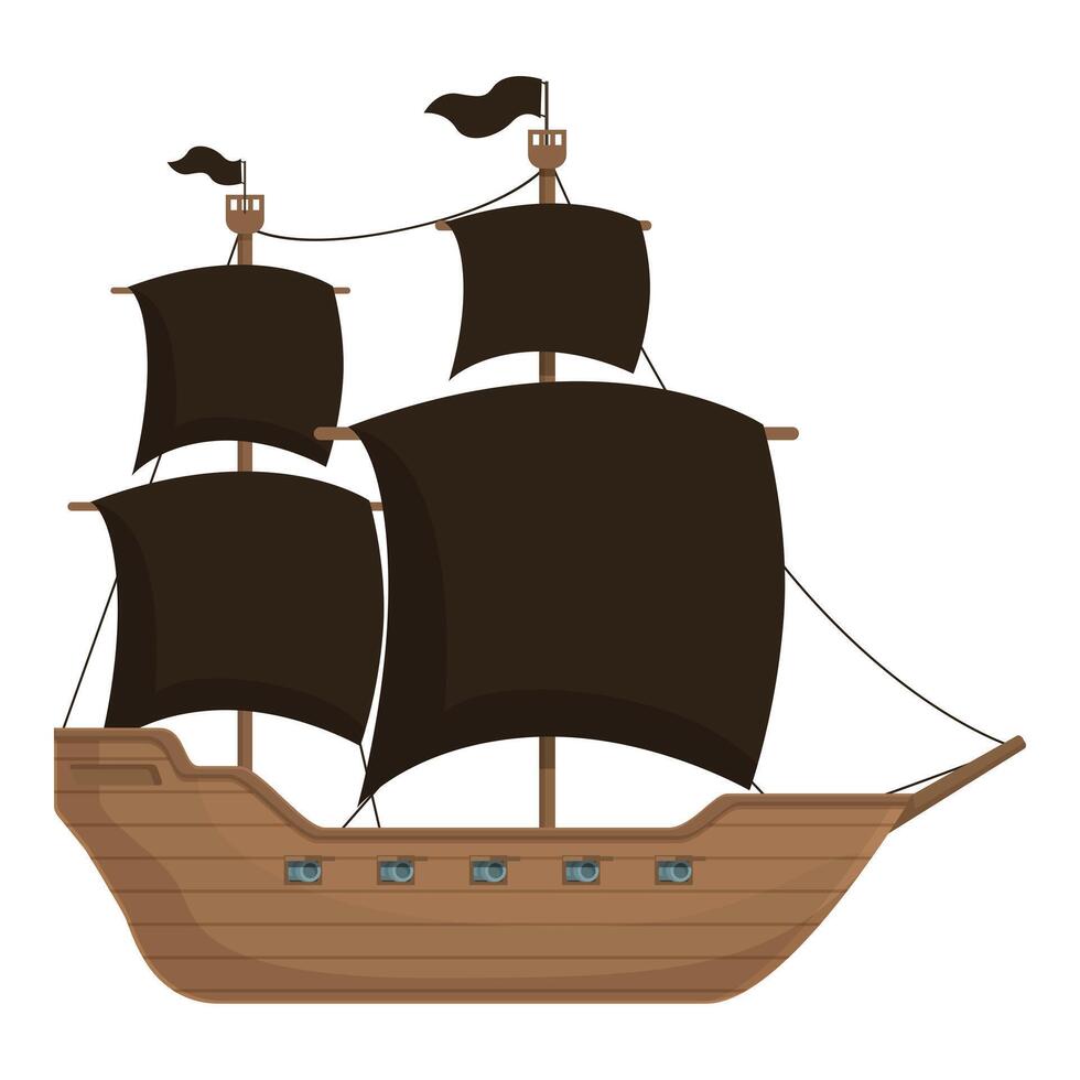 Detailed illustration of a classic pirate ship with black sails on a white background vector