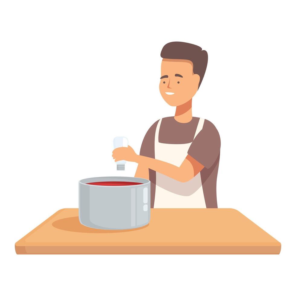 Cheerful man in an apron stirs a pot of soup, displaying joy in kitchen activities vector