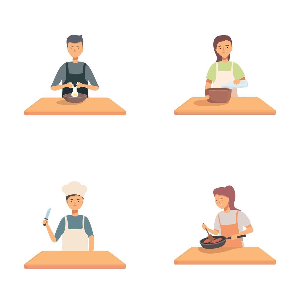 Set of cartoon chefs cooking in the kitchen vector