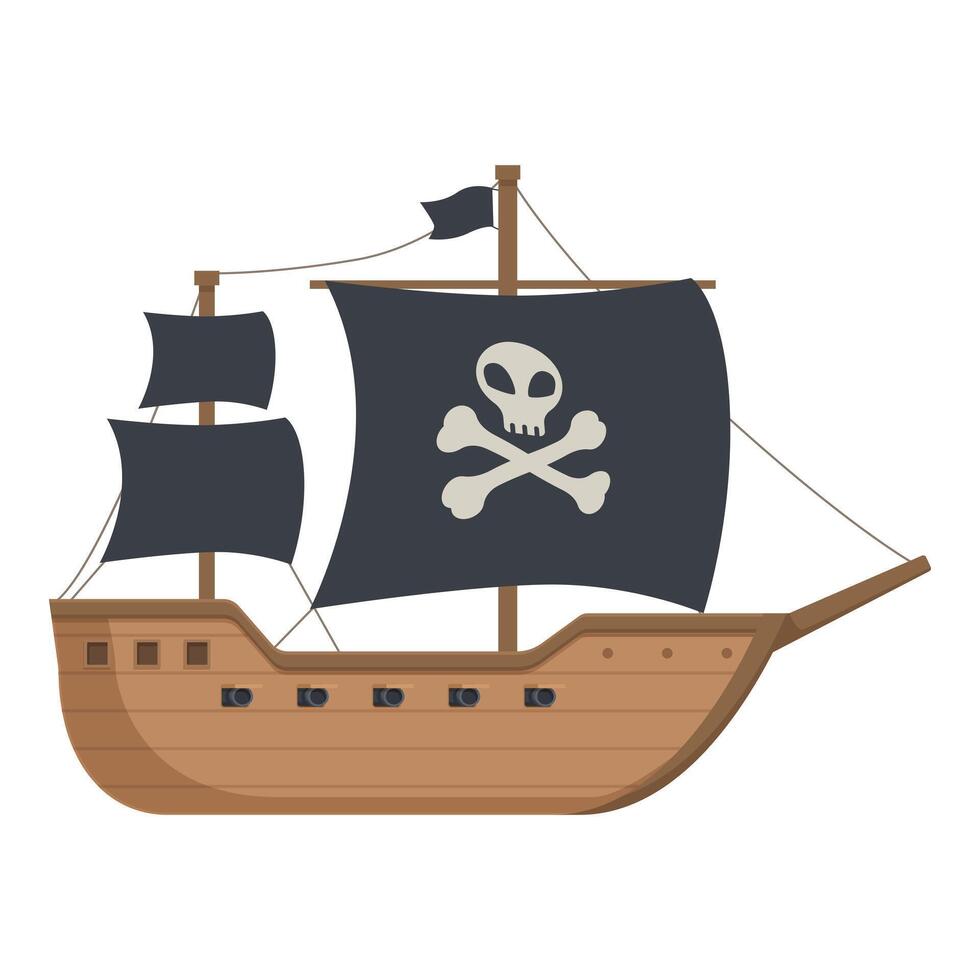 Flat design of a pirate ship with a skull and crossbones sail, isolated on white vector