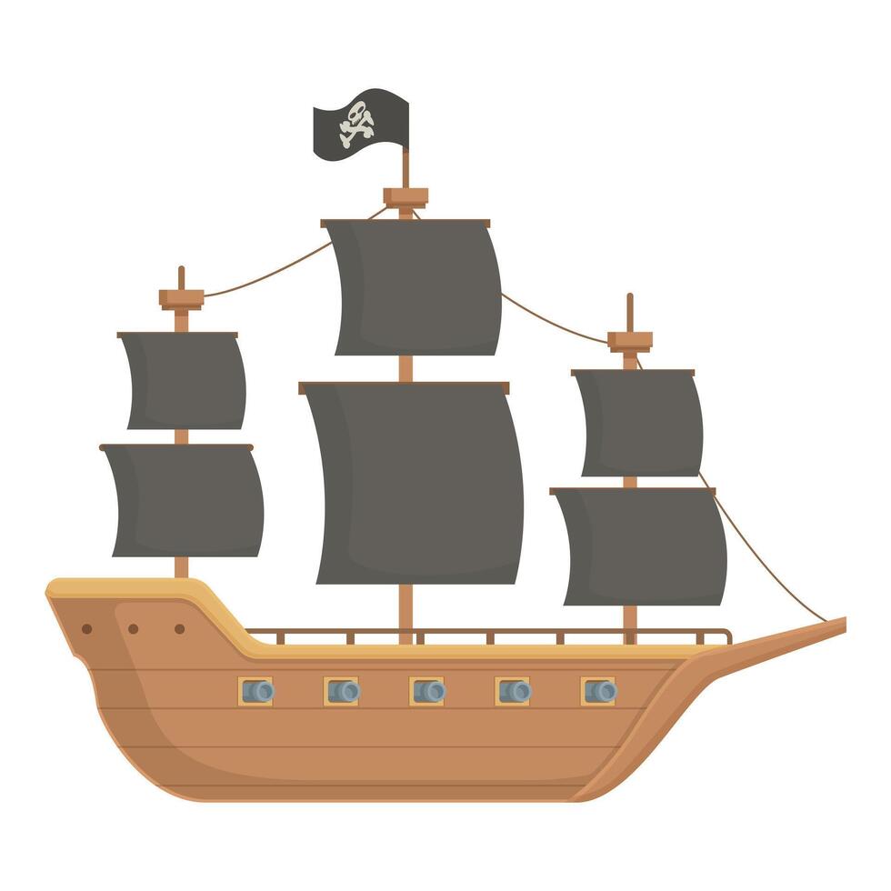 illustration of a classic pirate ship with black sails and a jolly roger flag on a white background vector