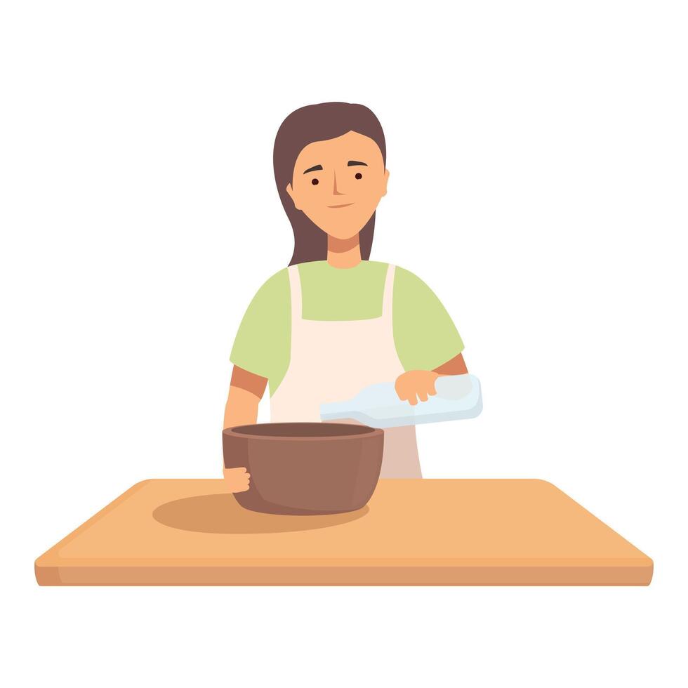 Illustration of a woman pouring ingredients into a bowl, preparing to bake vector