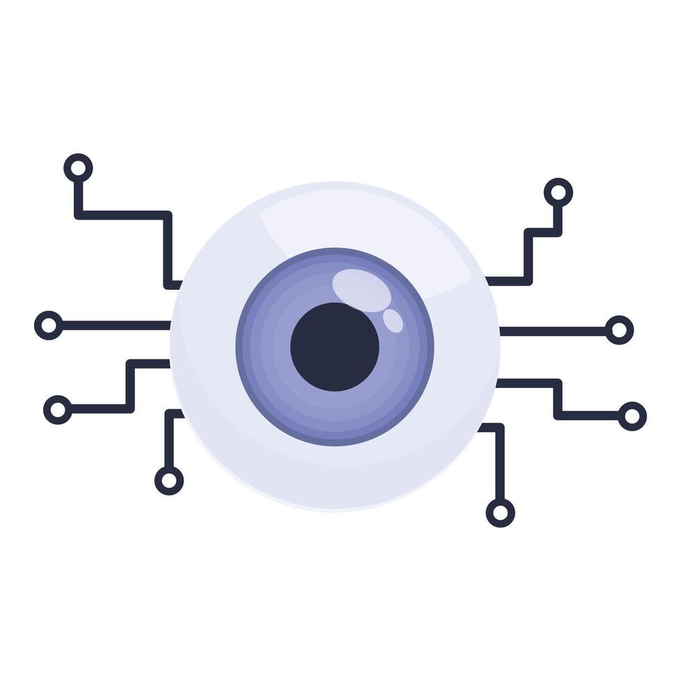 Graphic illustration of an eye with circuit board elements symbolizing technology and surveillance vector