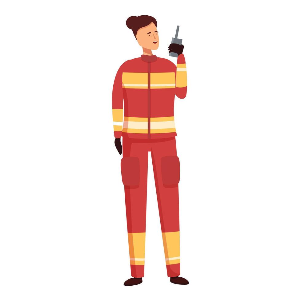 Illustration of a smiling firefighter in uniform speaking into a walkietalkie vector