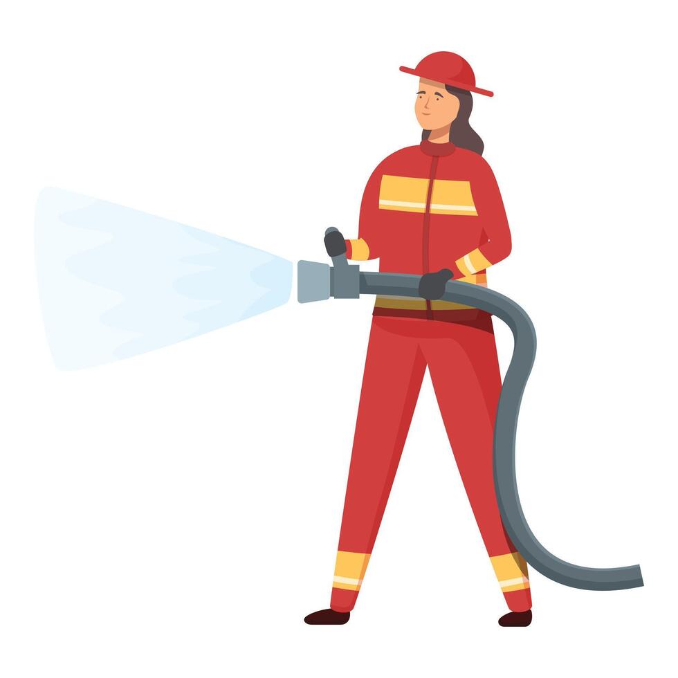 illustration of a female firefighter holding a hose with water jet vector