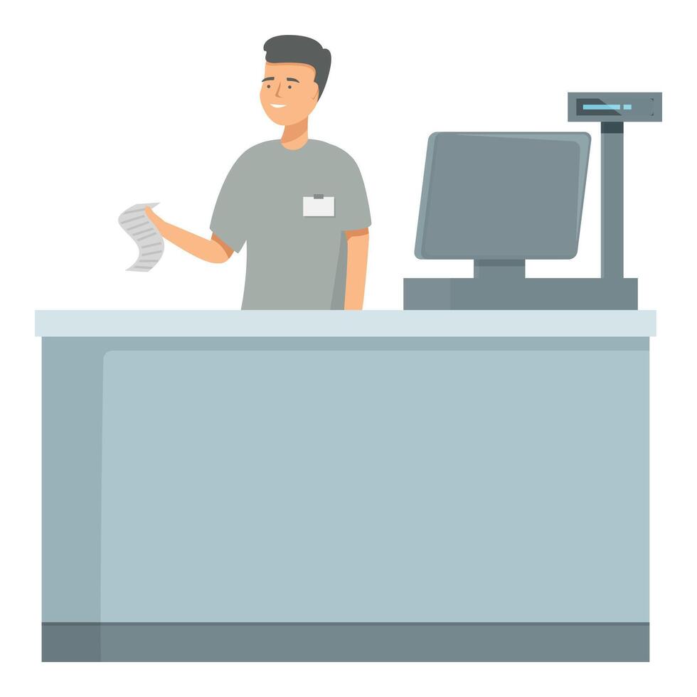 Cashier at supermarket checkout counter vector