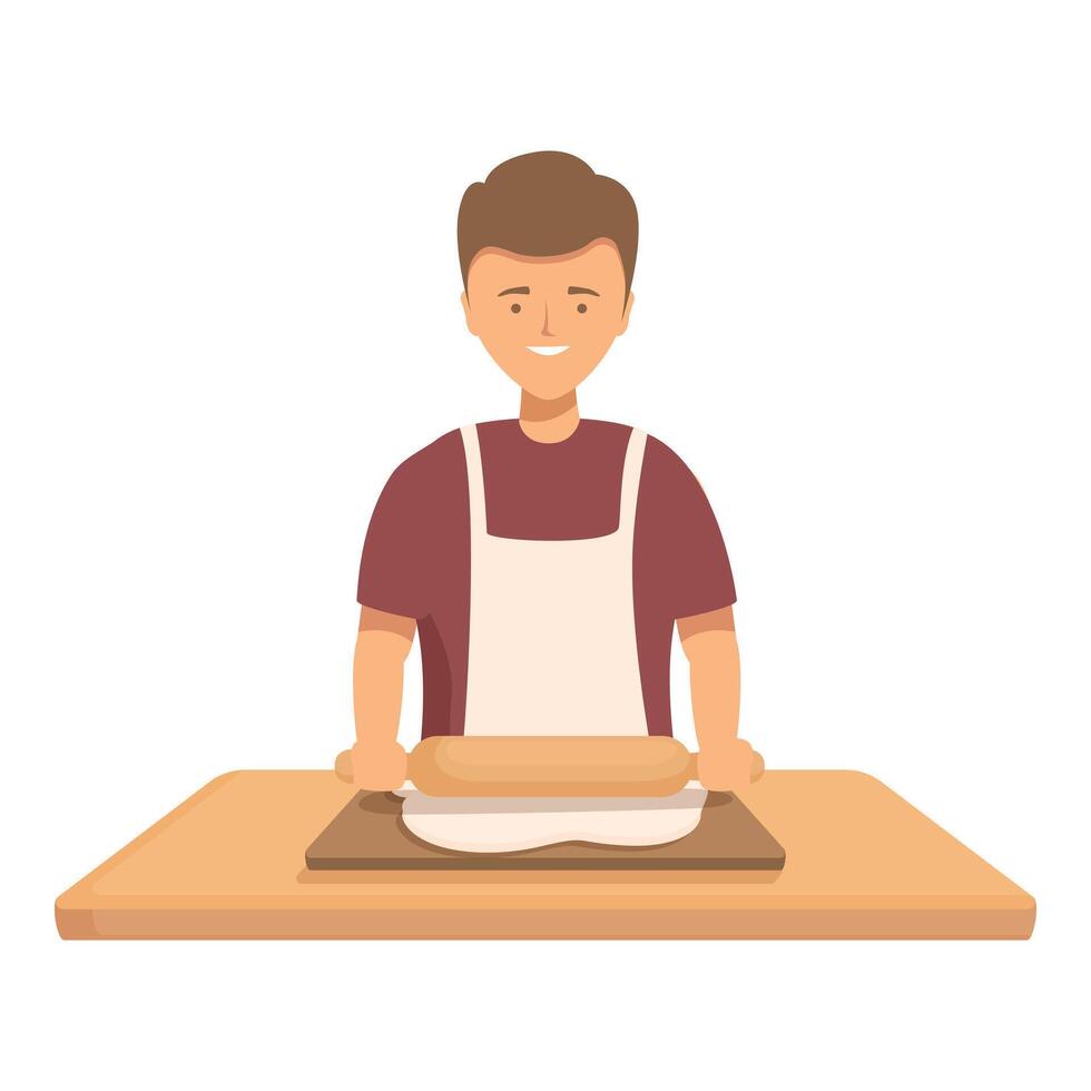 Smiling baker kneading dough on wooden table vector