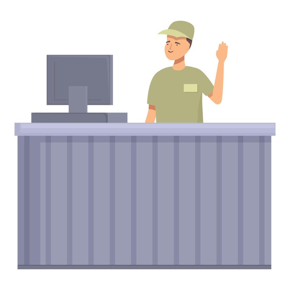 Friendly delivery man waving at counter vector