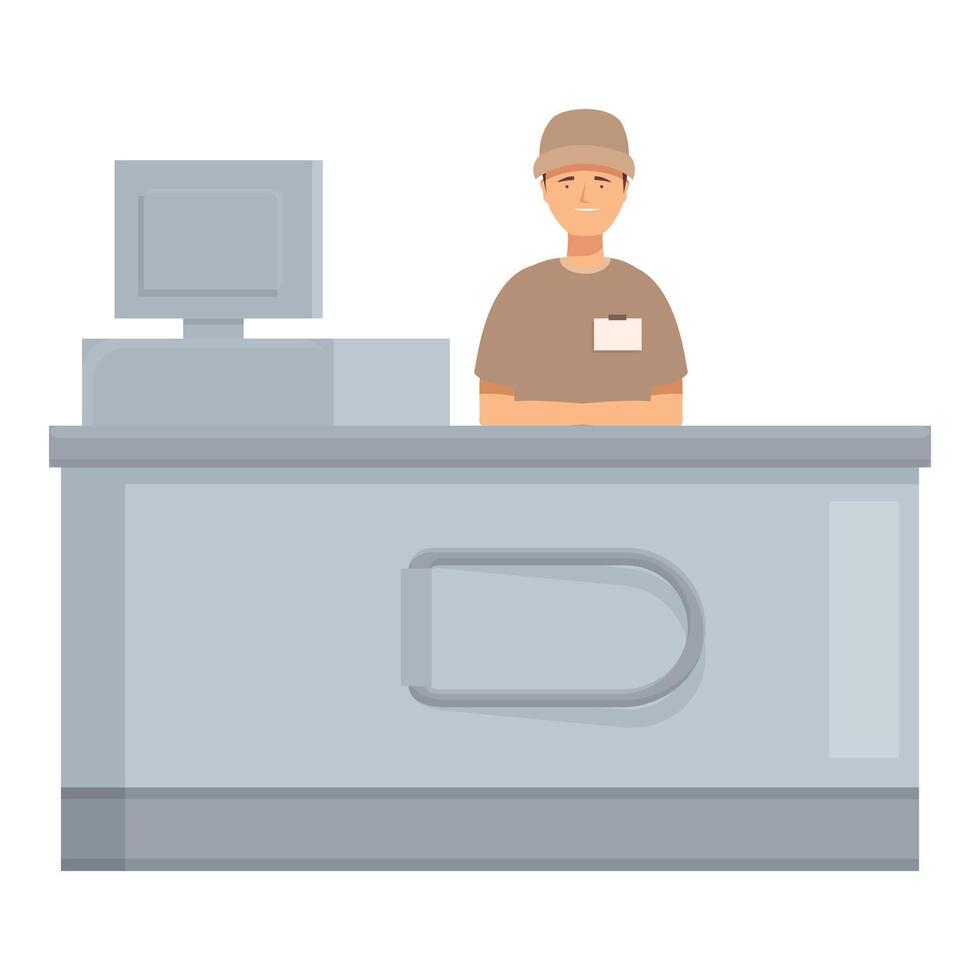 illustration of a cashier standing behind the checkout counter with a computer monitor vector