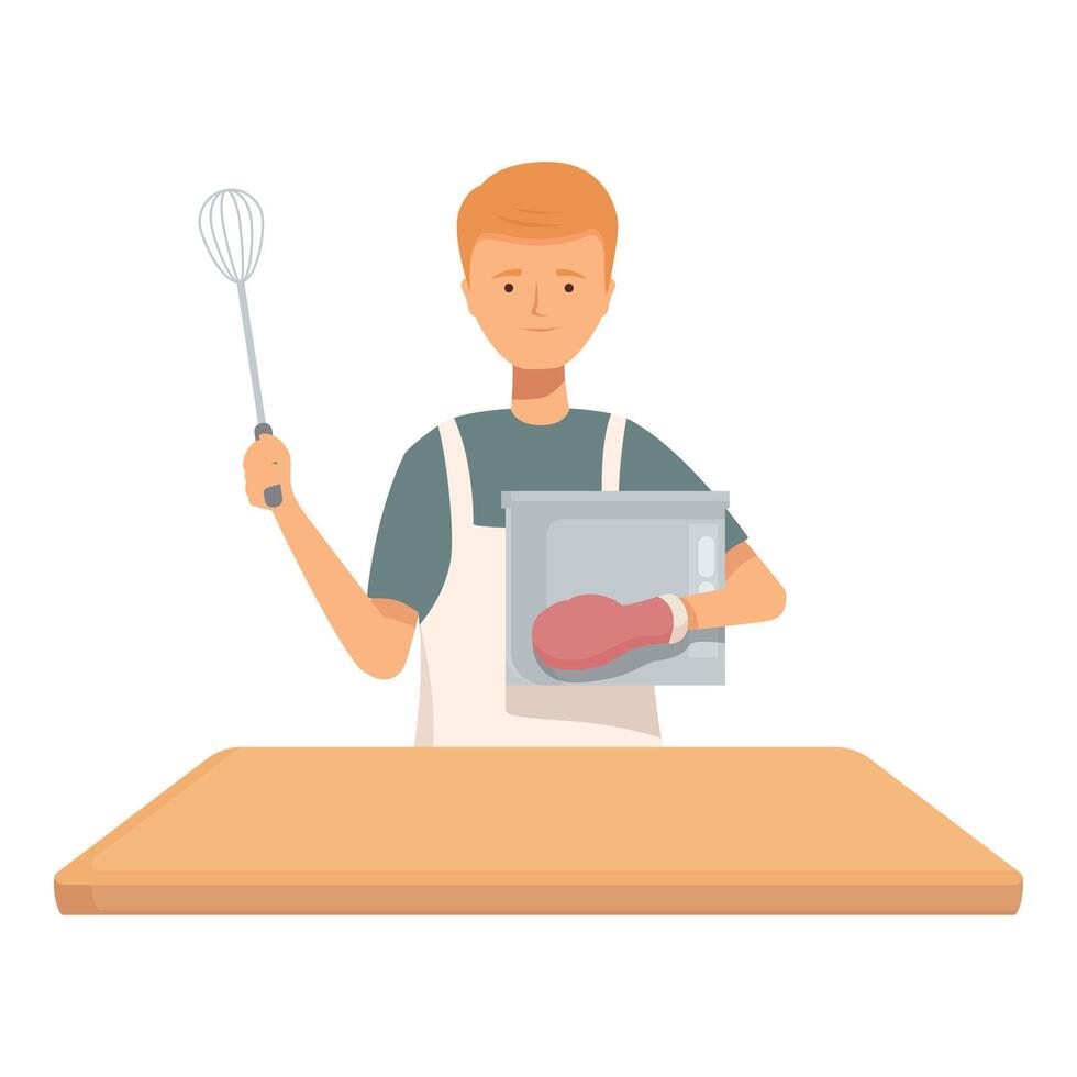 Young man preparing dough with mixer and bowl vector