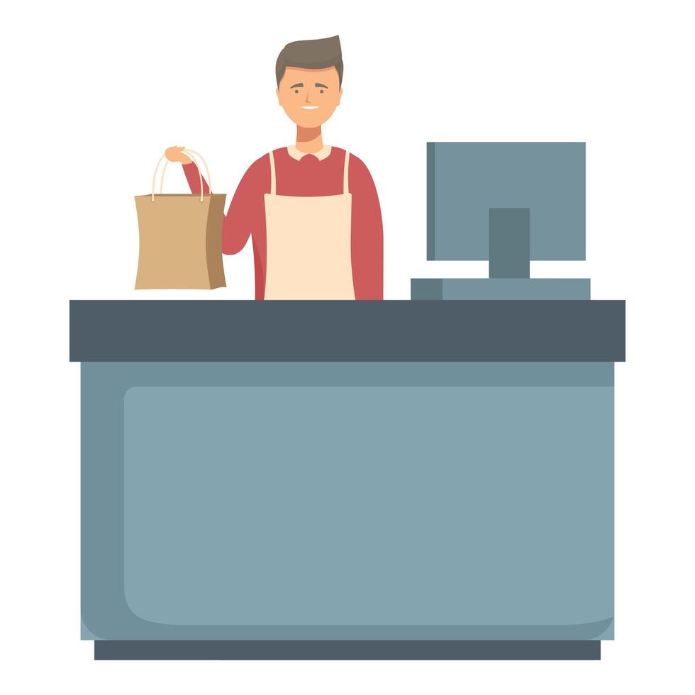 Friendly cashier working at checkout counter vector