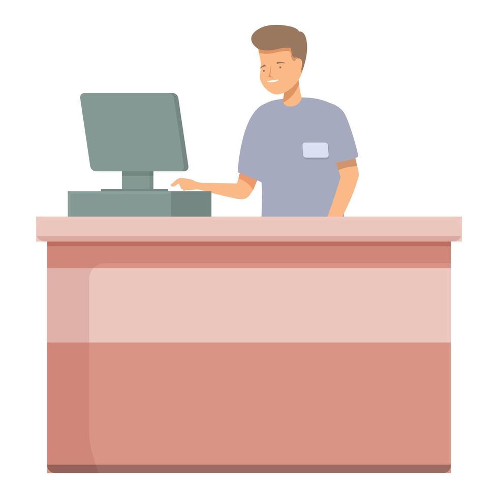 Illustration of a young male cashier operating a computer at a store checkout counter vector