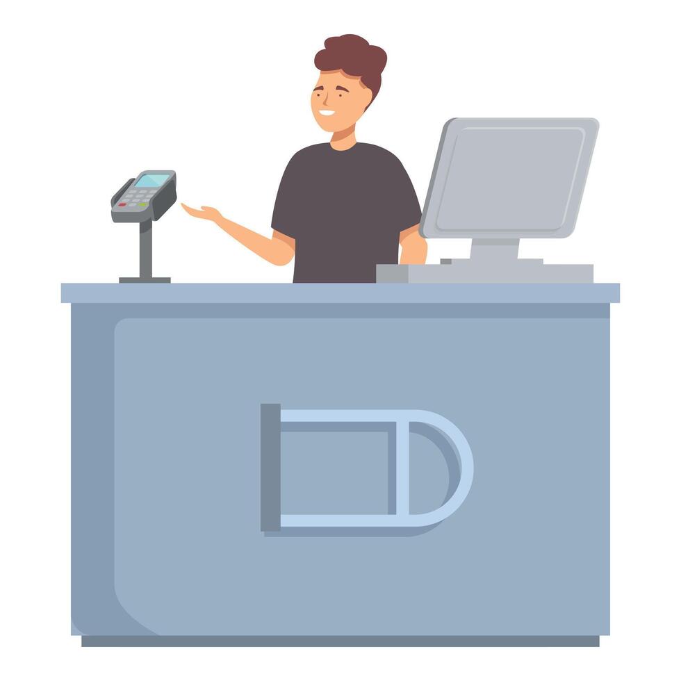 Friendly cashier operating pos terminal vector