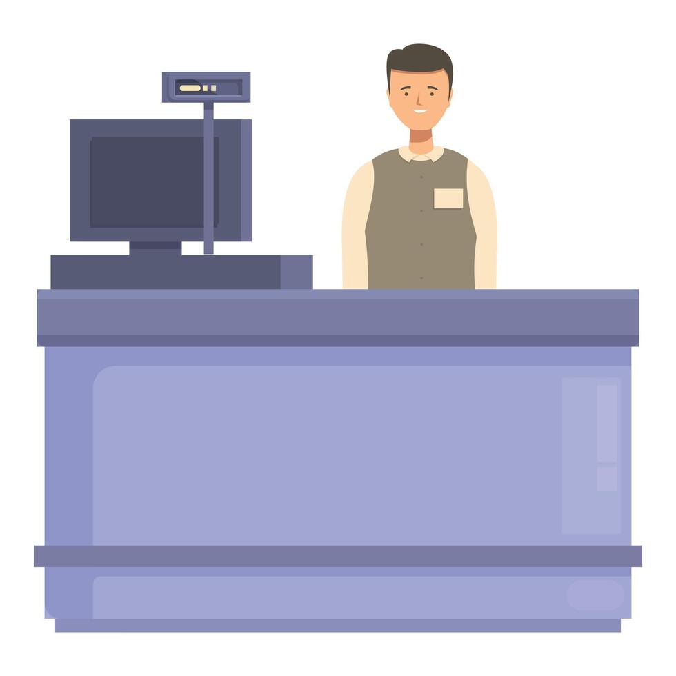 Friendly cashier standing behind checkout counter vector