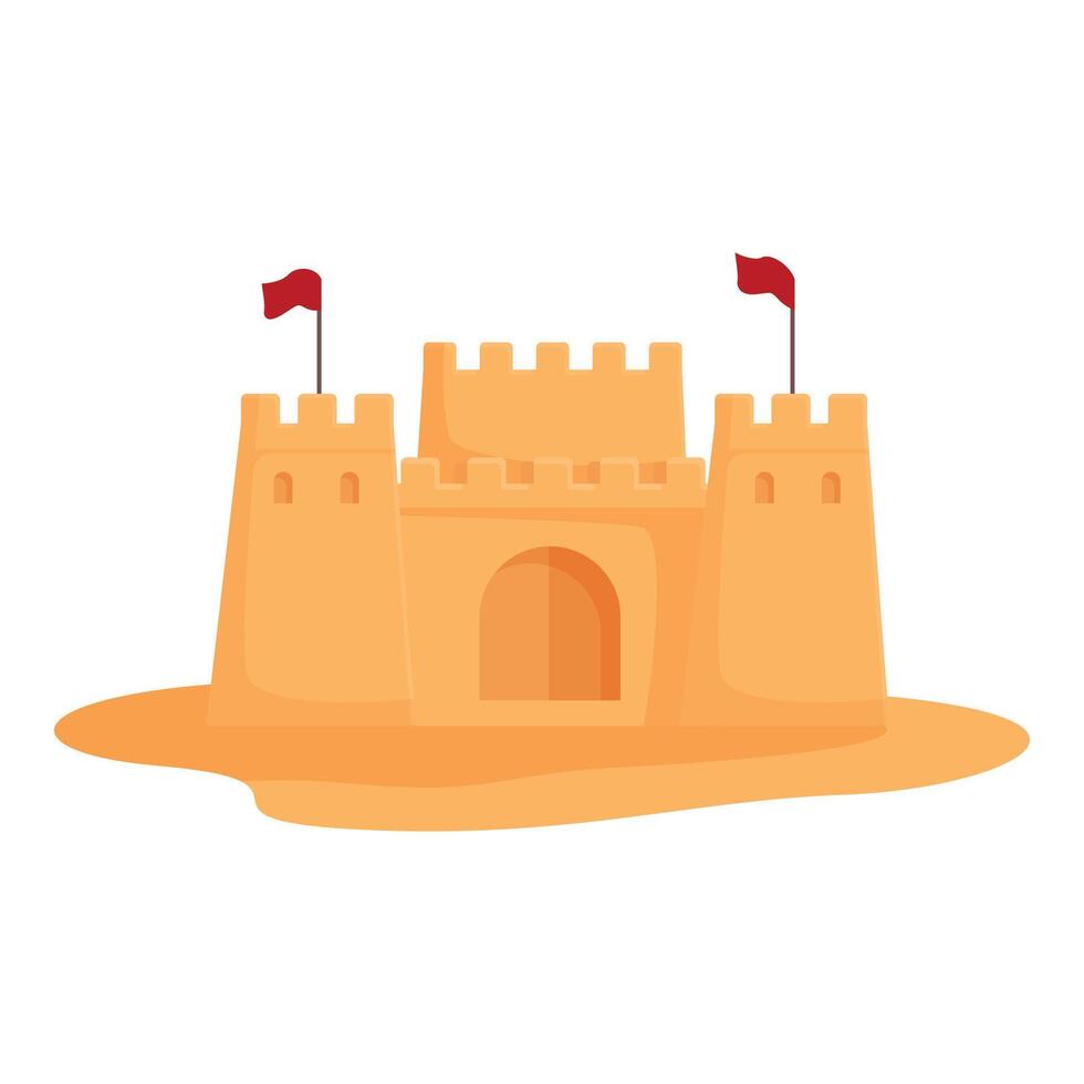 Cartoon sandcastle with red flags on sandy beach vector