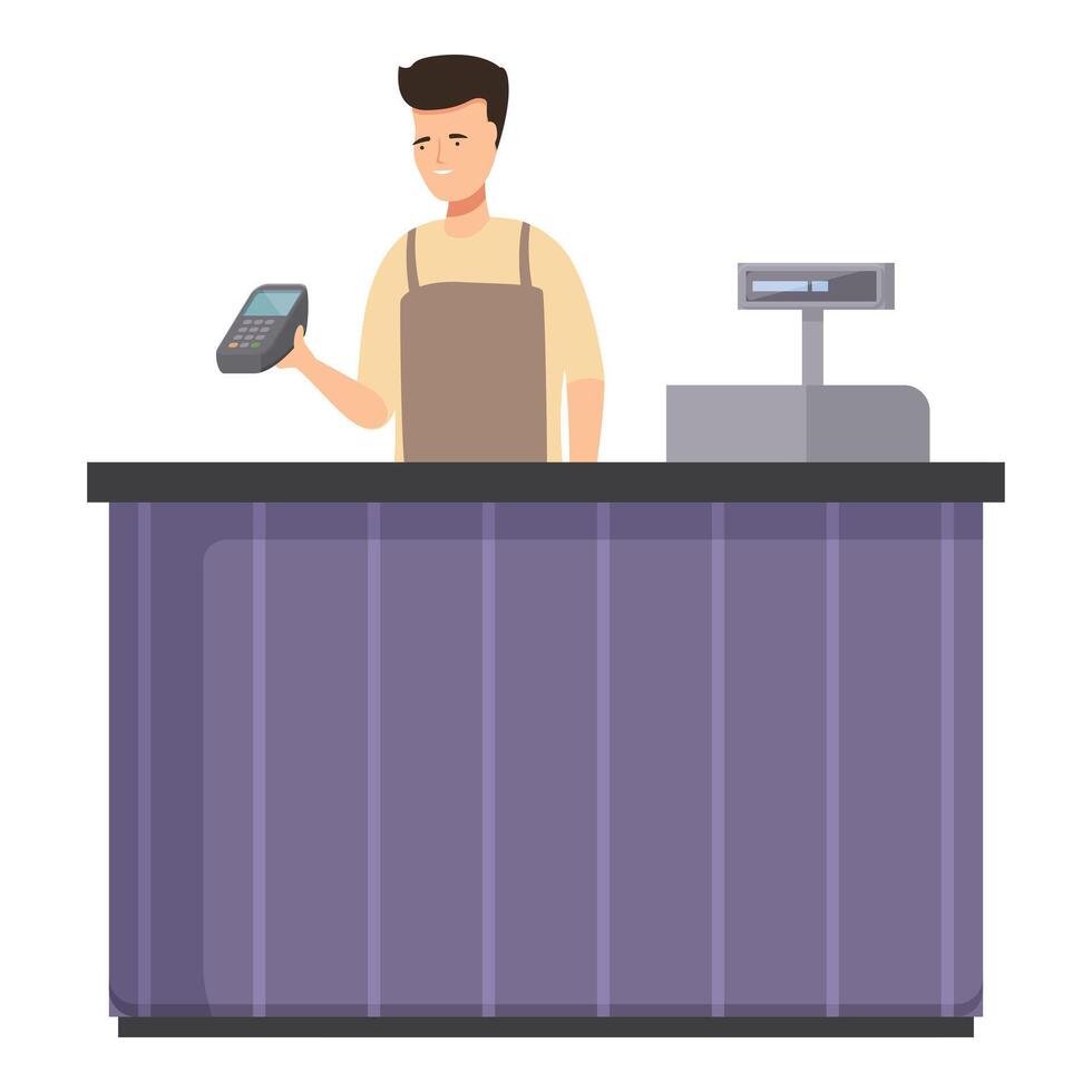 Cashier man holding payment terminal at checkout desk vector