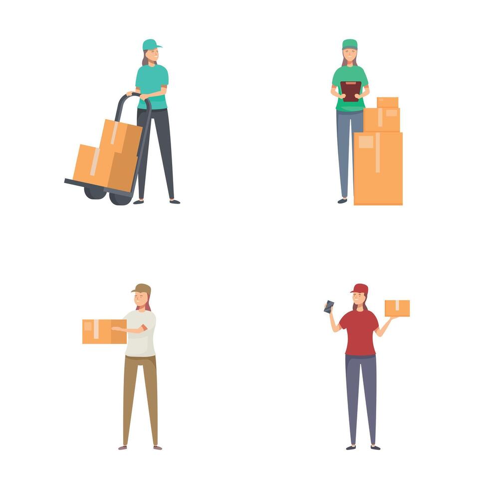Collection of four delivery service workers with parcels and equipment vector